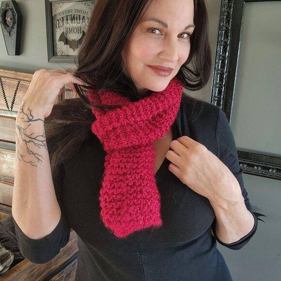 Knit Scarf, Chunky Red Boucle Yarn, "Crimson" OOAK One Of A Kind Cozy Goth Style - Picture 2 of 10